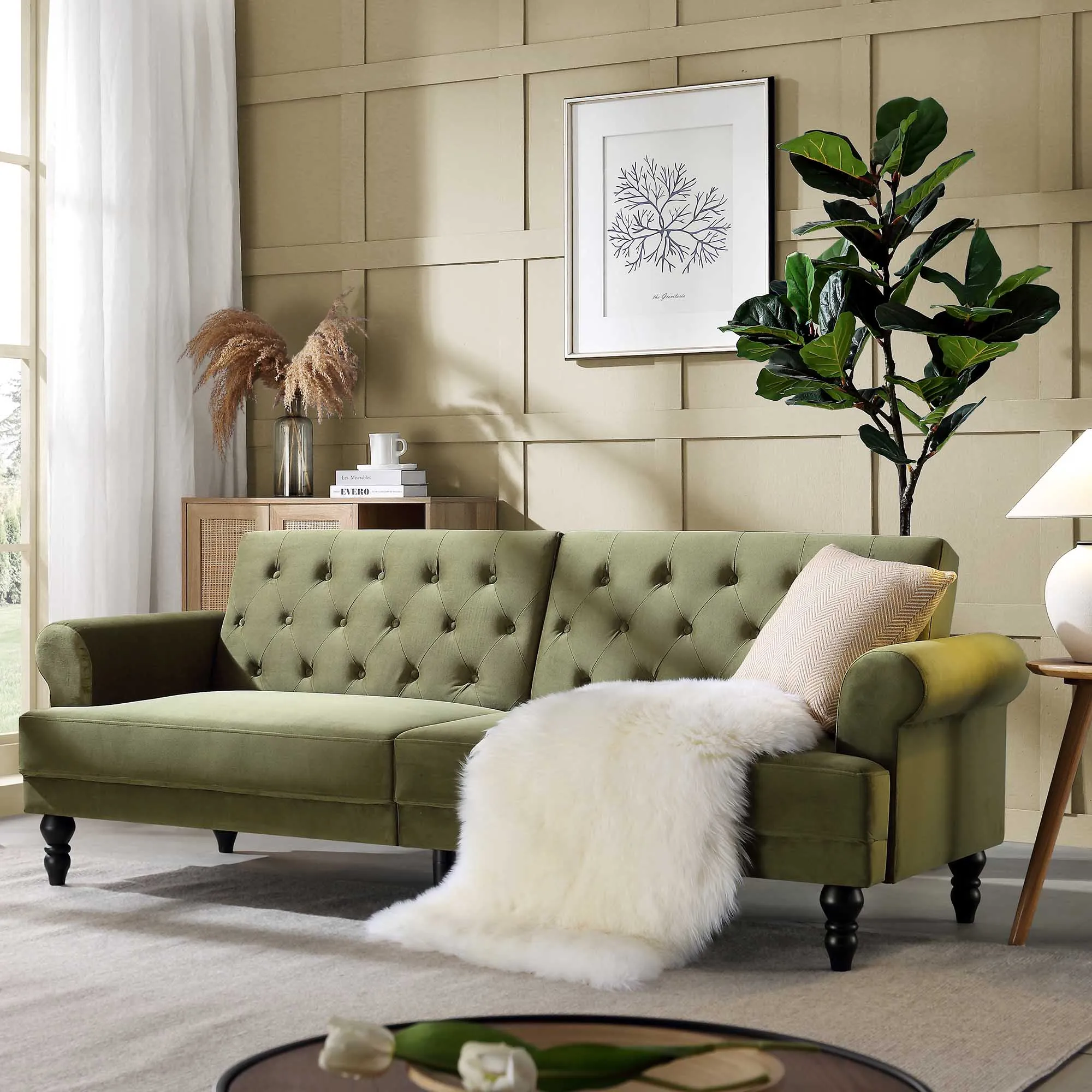 Hanney 3-Seater Chesterfield Sofabed in Moss Green Velvet