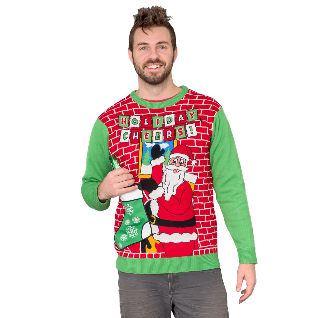 Holiday Cheers! Santa with Beer Holder Stocking Ugly Christmas Sweater