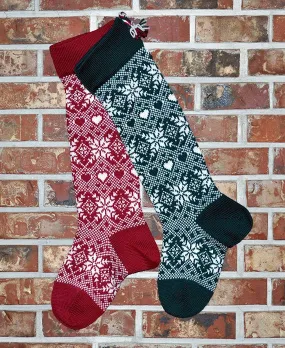 Large Personalizable Knit Wool Christmas Stocking - Snowflakes & Hearts - EVERGREEN