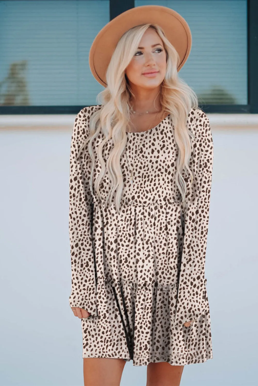 Leopard Animal Print Tiered Long Sleeve Dress