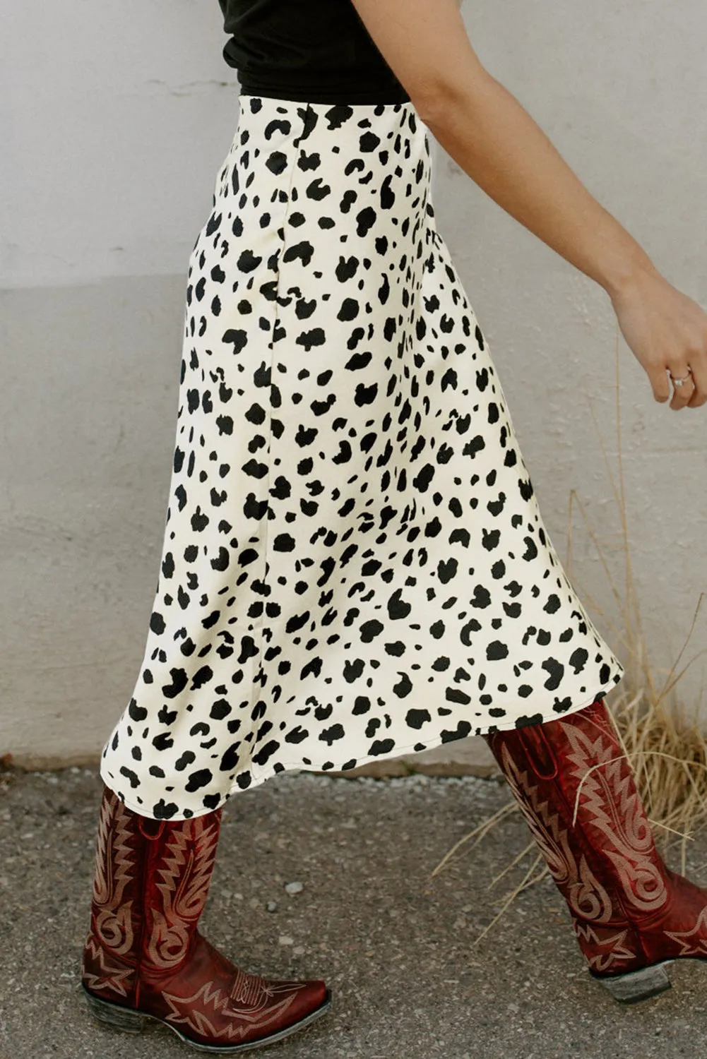 Leopard Spots Printed Split Hem Midi Skirt