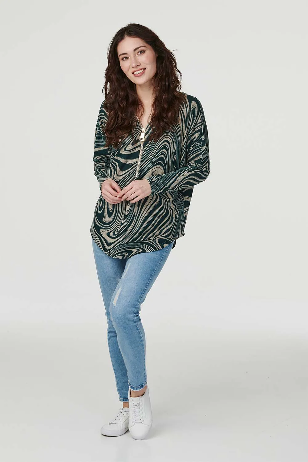 Marble Print Zip Front Jumper