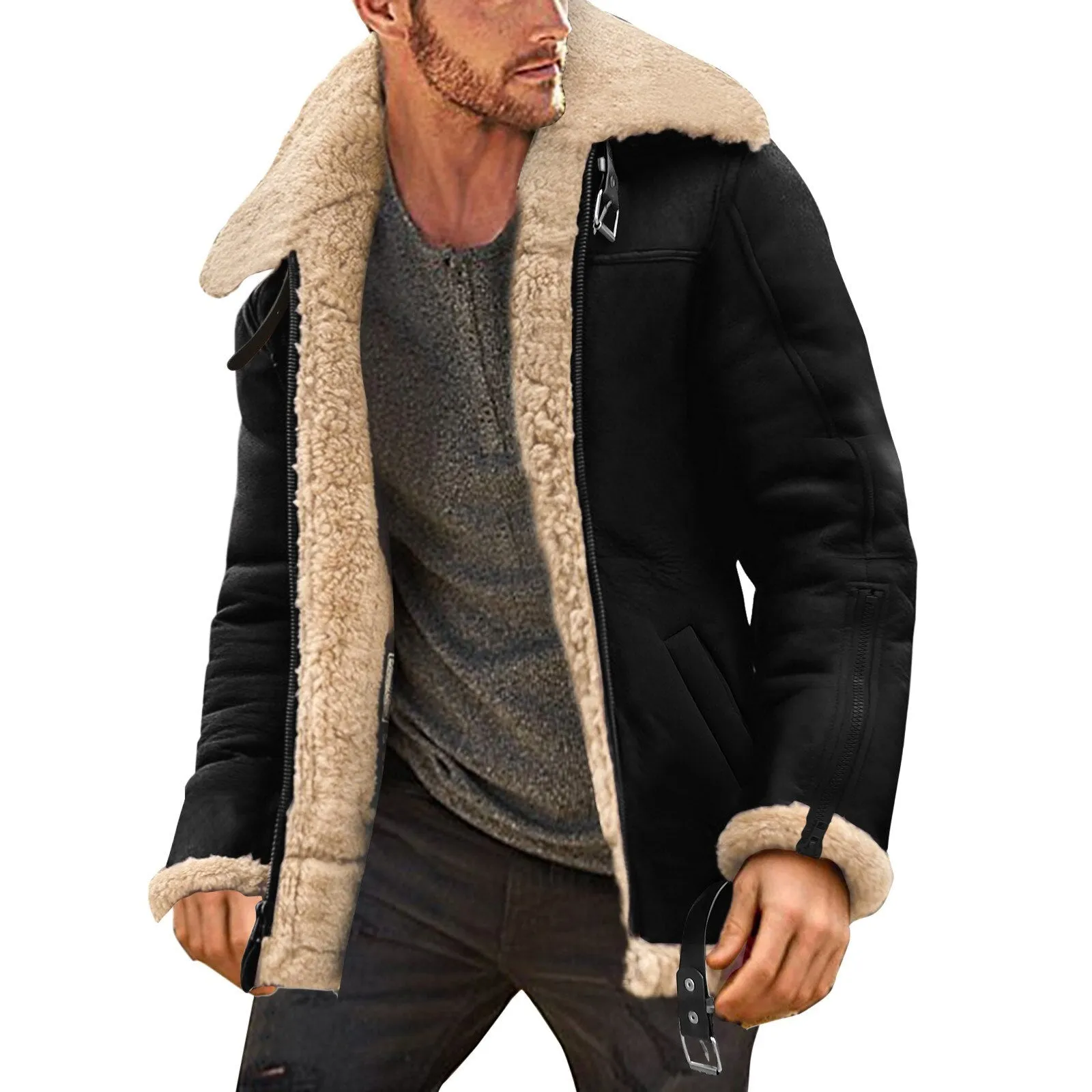 Mens Fashion Simple Lapel Collar Long Sleeve Padded Leather Jacket Vintage Thicken Coat Sheepskin Singing In The Rain Raincoat