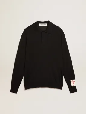 Men’s long-sleeved polo shirt in black merino wool