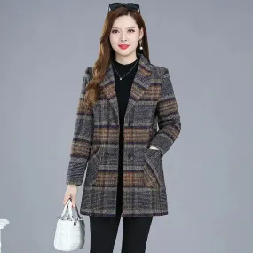 Mother's Clothing Plaid Woolen Jacket – 5XL Autumn/Winter Thicken Slim Mid-Length Coat, Korean Style Casual Women's Wool Outerwear