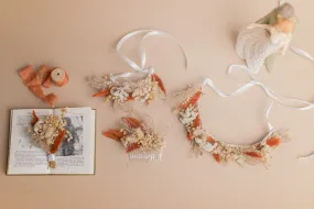 Natural Gypsophila & Burnt Orange Hair Crown Wedding Boho Set / Wedding Dried Flowers