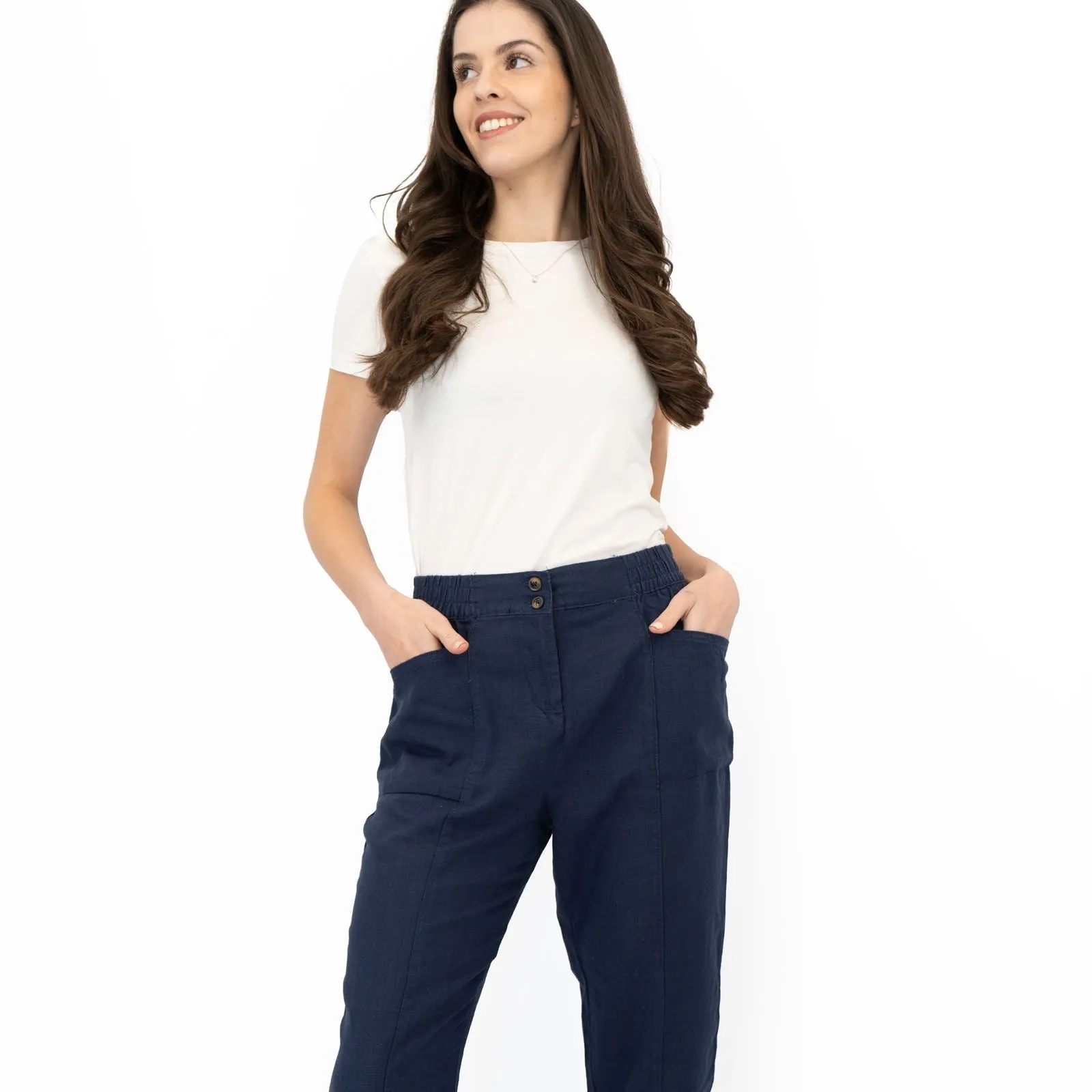 Next Linen Trousers Straight Leg Navy