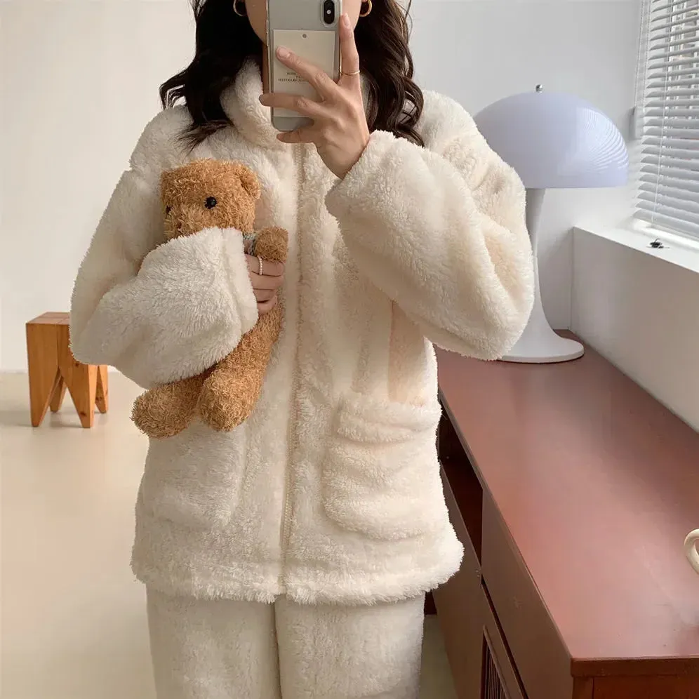 Pajama Set Women Sweet Turtleneck Sleepwear Solid Students Homewear Cozy All-match Winter Thicken Warm Female Casual Korean Chic