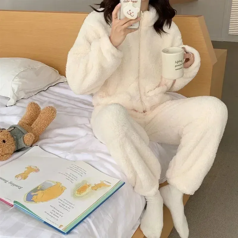 Pajama Set Women Sweet Turtleneck Sleepwear Solid Students Homewear Cozy All-match Winter Thicken Warm Female Casual Korean Chic