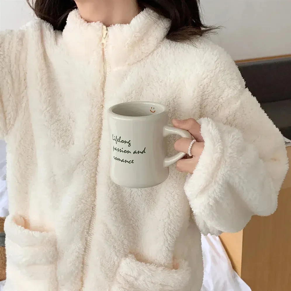 Pajama Set Women Sweet Turtleneck Sleepwear Solid Students Homewear Cozy All-match Winter Thicken Warm Female Casual Korean Chic