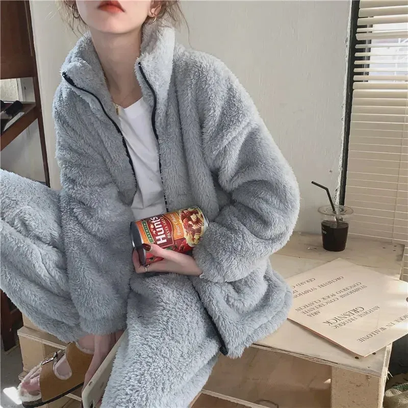 Pajama Set Women Sweet Turtleneck Sleepwear Solid Students Homewear Cozy All-match Winter Thicken Warm Female Casual Korean Chic