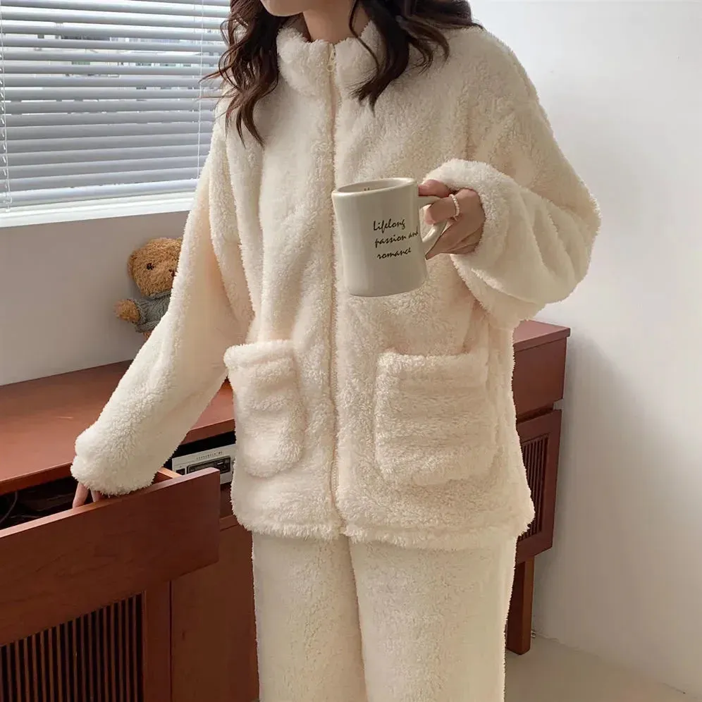 Pajama Set Women Sweet Turtleneck Sleepwear Solid Students Homewear Cozy All-match Winter Thicken Warm Female Casual Korean Chic