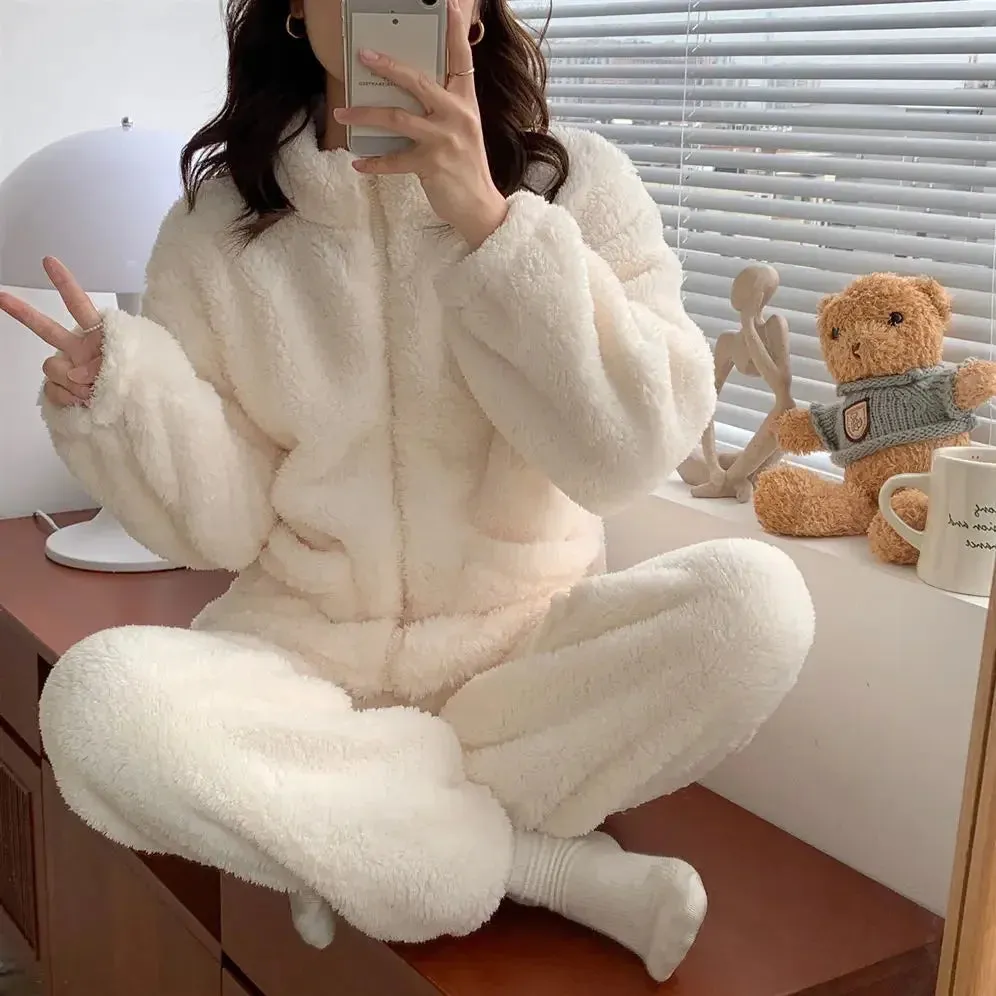 Pajama Set Women Sweet Turtleneck Sleepwear Solid Students Homewear Cozy All-match Winter Thicken Warm Female Casual Korean Chic