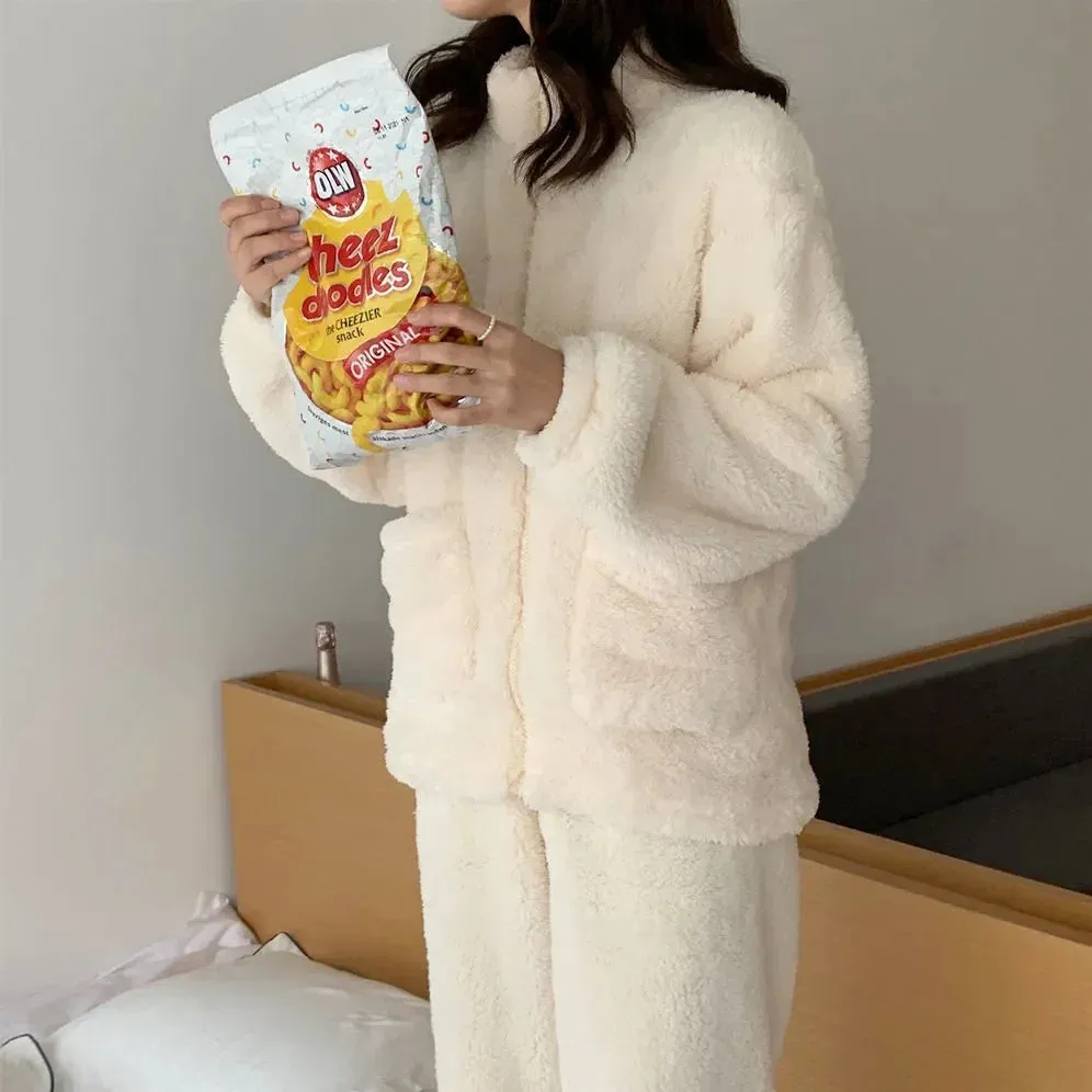 Pajama Set Women Sweet Turtleneck Sleepwear Solid Students Homewear Cozy All-match Winter Thicken Warm Female Casual Korean Chic