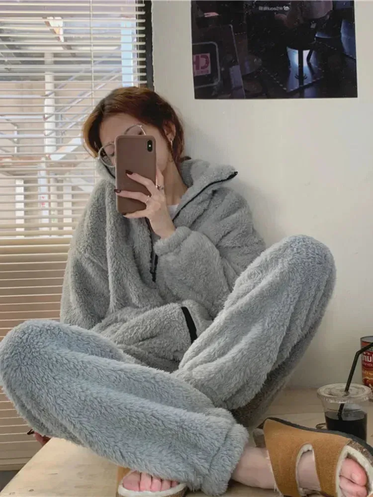 Pajama Set Women Sweet Turtleneck Sleepwear Solid Students Homewear Cozy All-match Winter Thicken Warm Female Casual Korean Chic