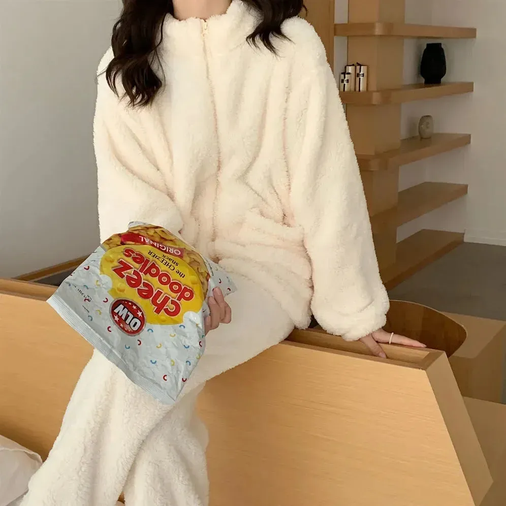 Pajama Set Women Sweet Turtleneck Sleepwear Solid Students Homewear Cozy All-match Winter Thicken Warm Female Casual Korean Chic