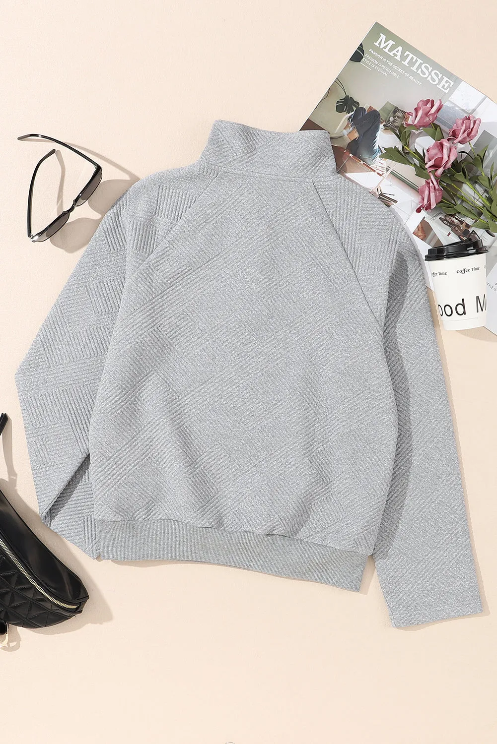 Pale Khaki Textured Knit Buttoned Kangaroo Pocket Sweatshirt