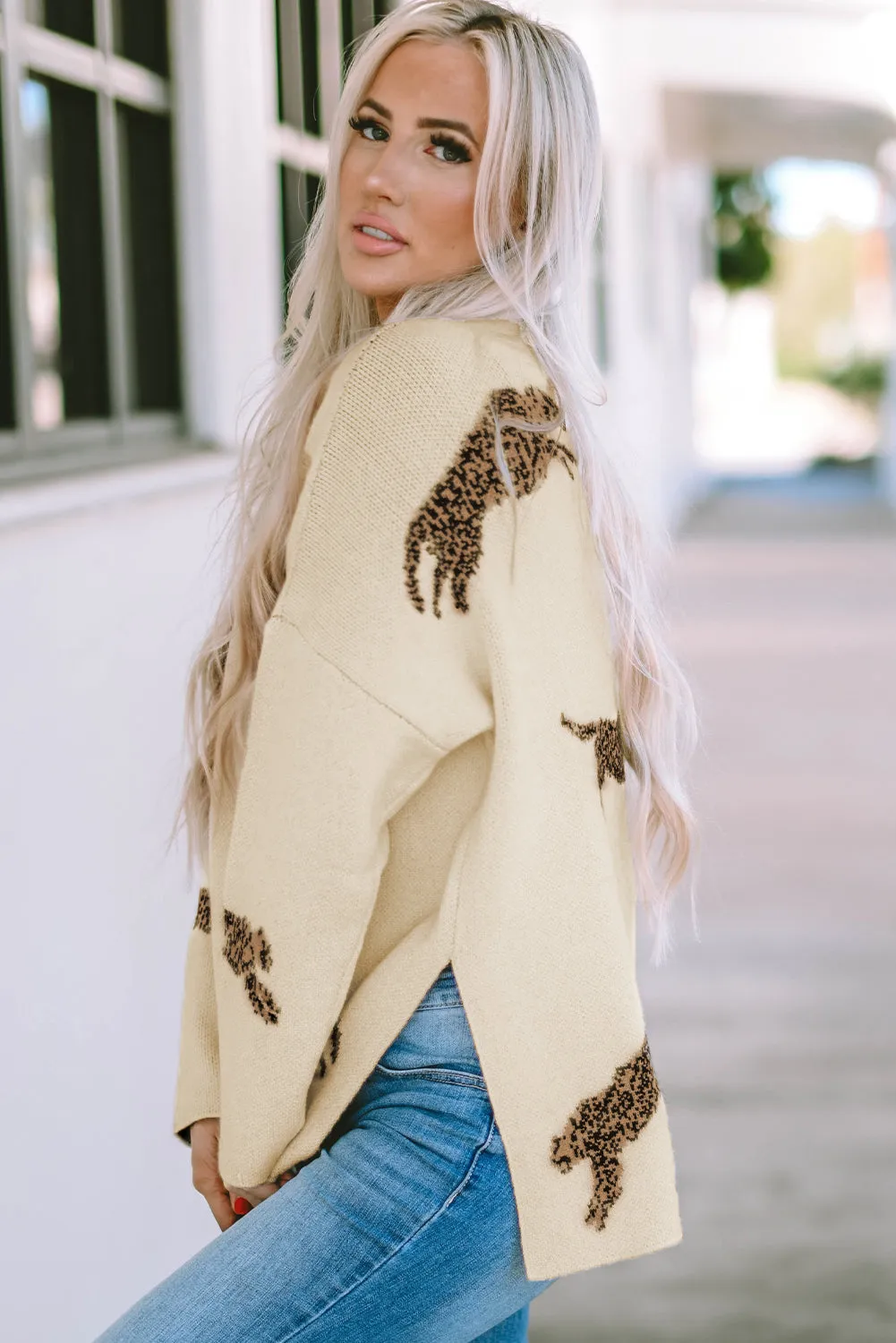 Parchment Lively Cheetah Print High Neck Split Hem Sweater