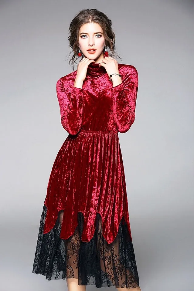 Pleated Velvet Dress W/ Lace