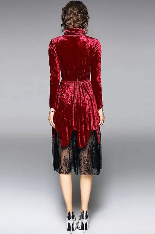 Pleated Velvet Dress W/ Lace