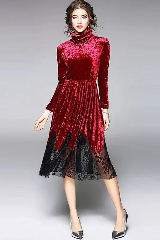 Pleated Velvet Dress W/ Lace