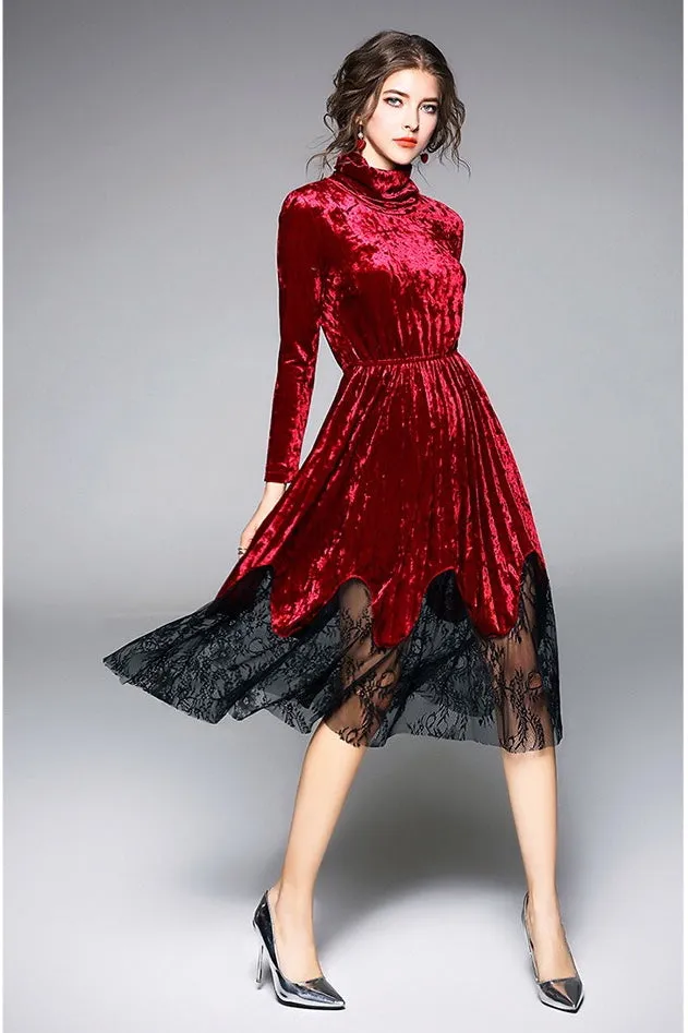 Pleated Velvet Dress W/ Lace