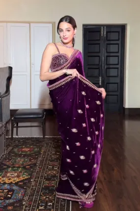 Plum Silk Velvet Retro Sari