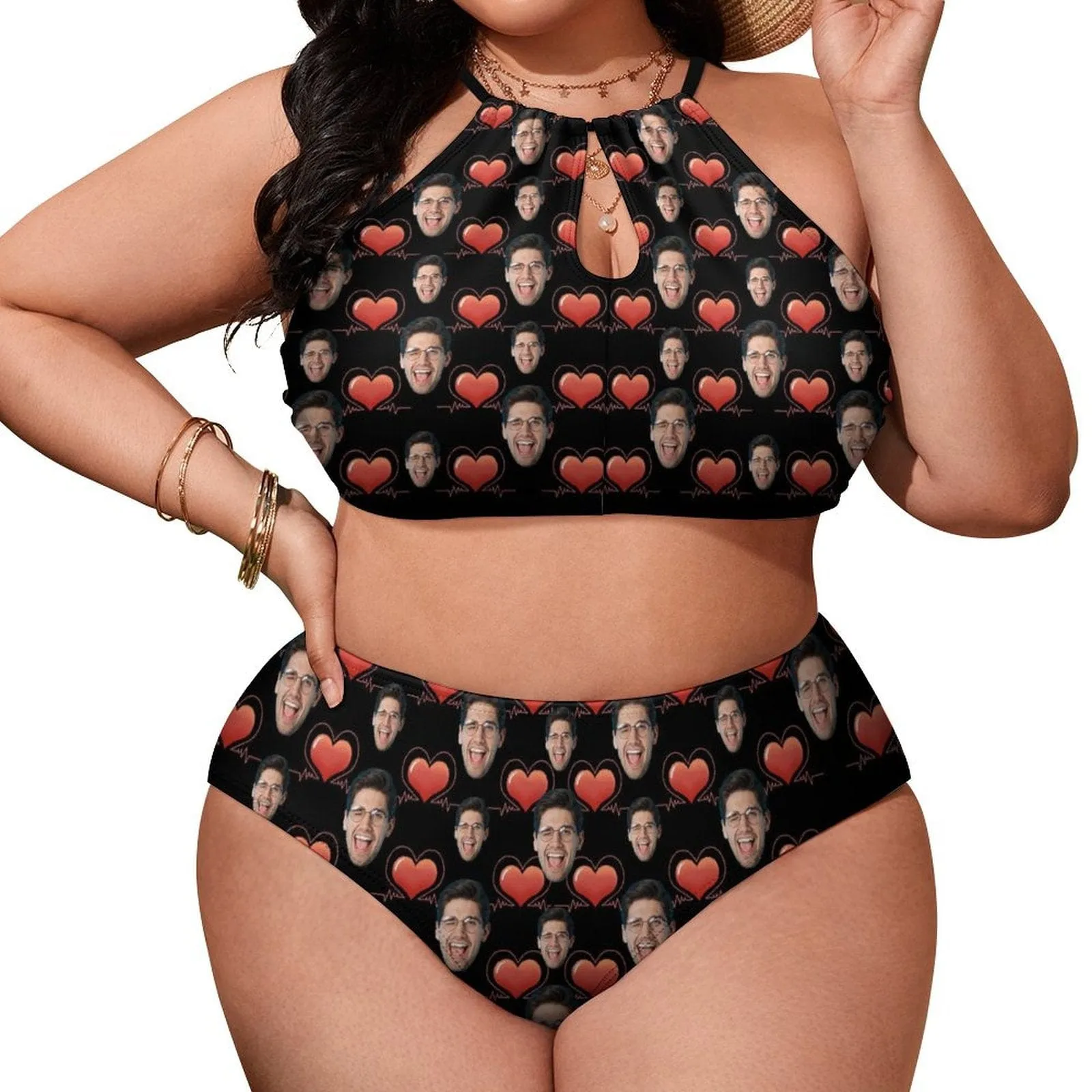 #Plus Size Halter Bikini-Custom Face Love Heart Electrocardiogram Plus Size Swimsuit High Neck Cutout High Waisted Bikini Personalized Women's Two Piece Swimsuit Beach Outfits