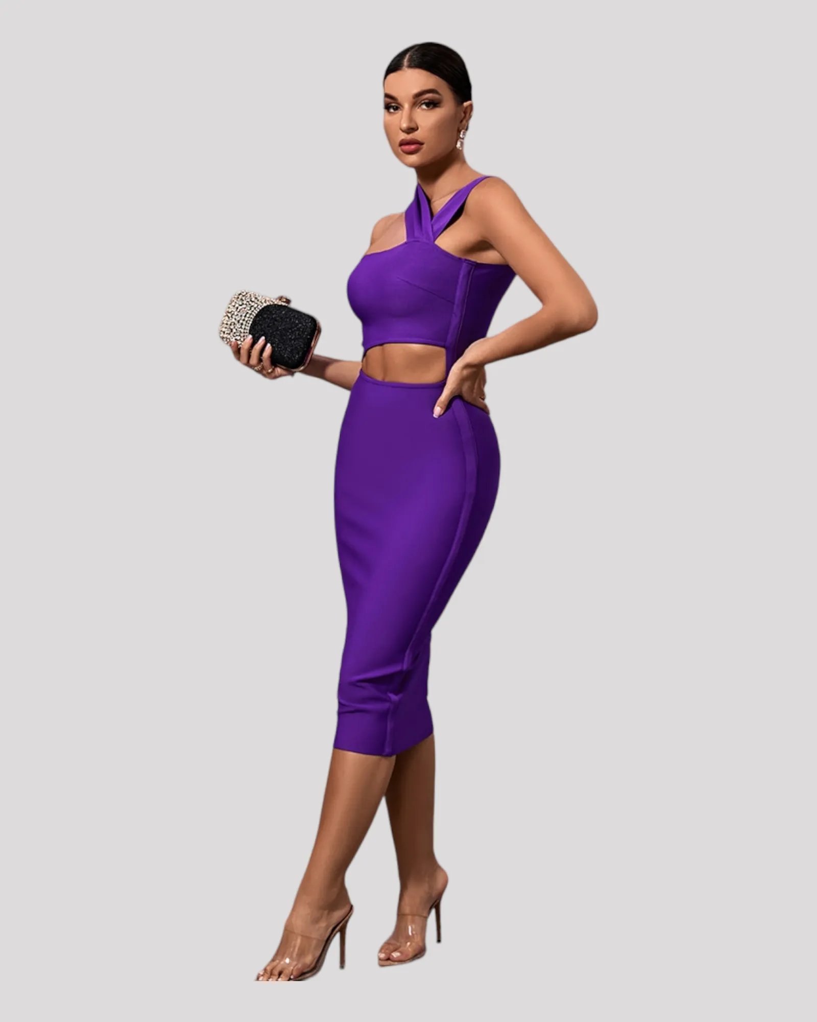 Purple Fitted Cocktail Dress with Waist Cut Out