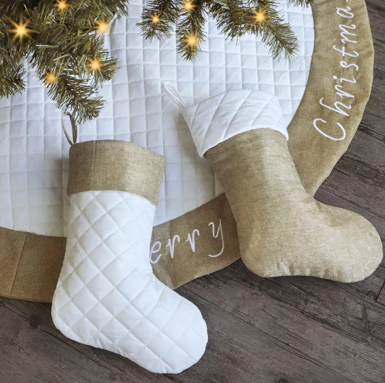 Quilted Christmas Stockings - Burlap & Cream