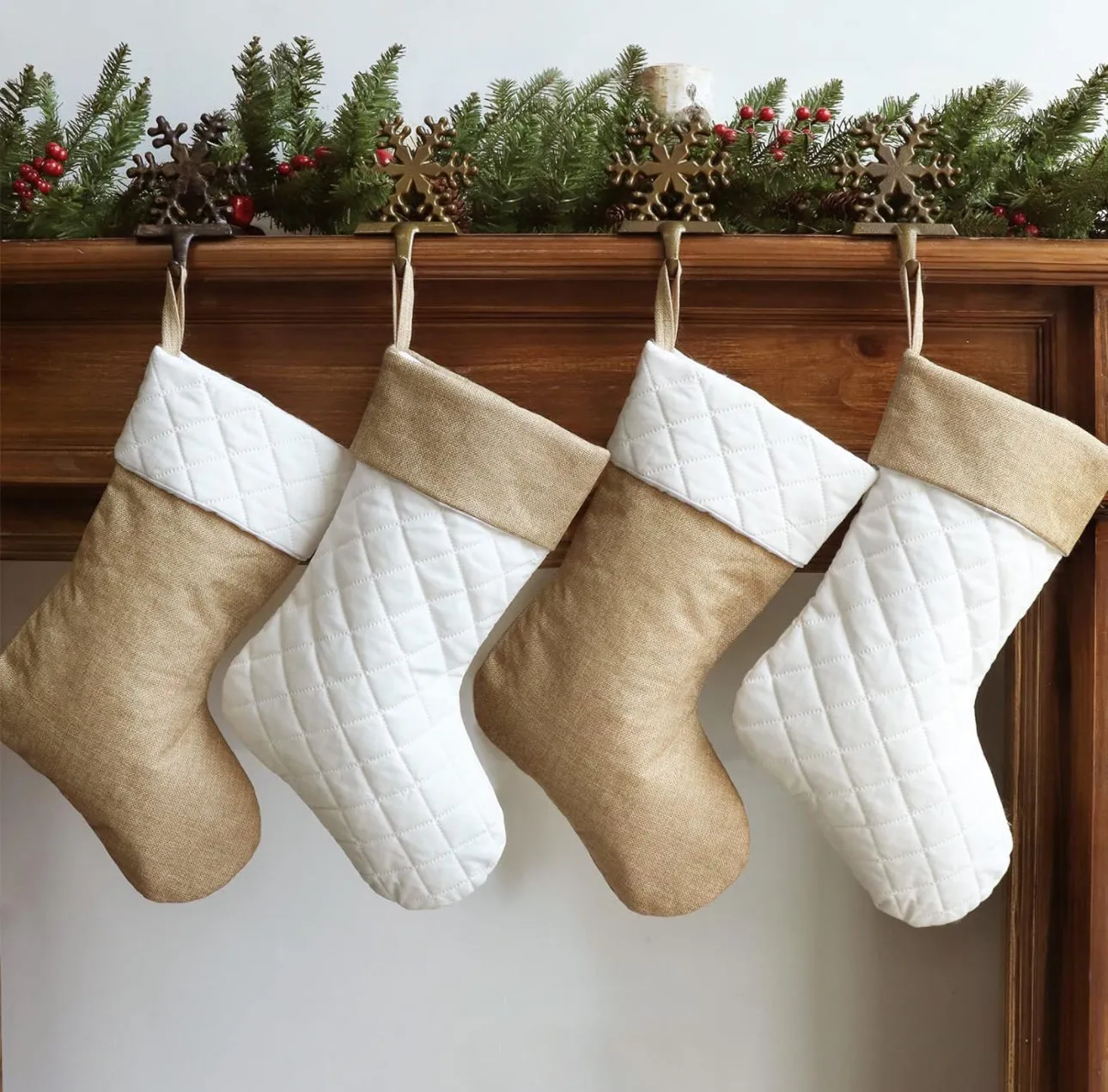 Quilted Christmas Stockings - Burlap & Cream