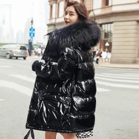 Real Natural Fur 2019 Patent Leather Winter Jacket Women Thicken Long Down Parka Hooded Female Duck Down Coat Waterproof Jacket