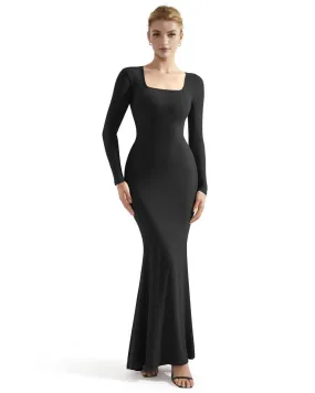 Ribbed Maxi Square Neck Dress - Long Sleeve