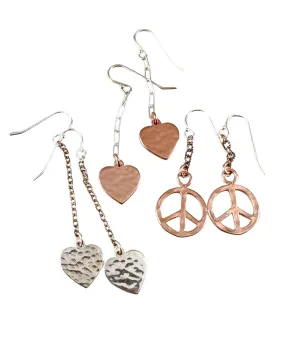 Sterling Hammered Peace and Heart Chain Earrings