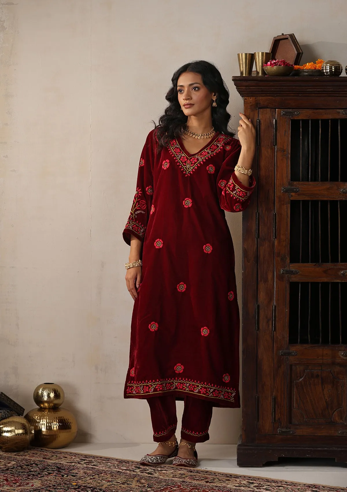 Velvet Chikankari Solid Women's 2 PC Long Kurta Set - Maroon