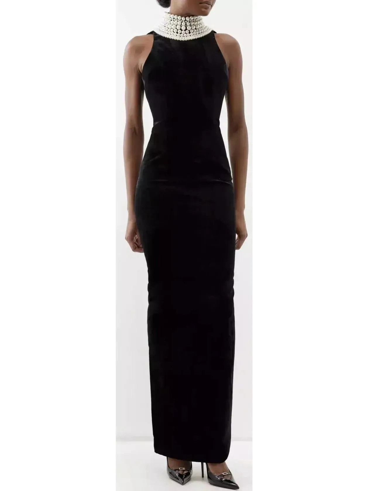 Women’s Bead-Halterneck Long Velvet Dress