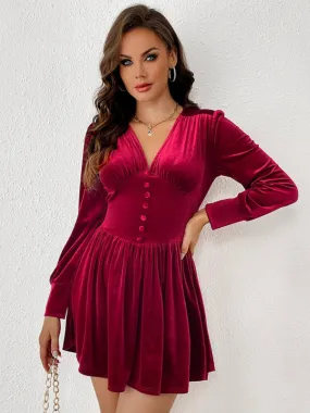 Women's Short A-Line Velvet Dress With Button Corset Detail